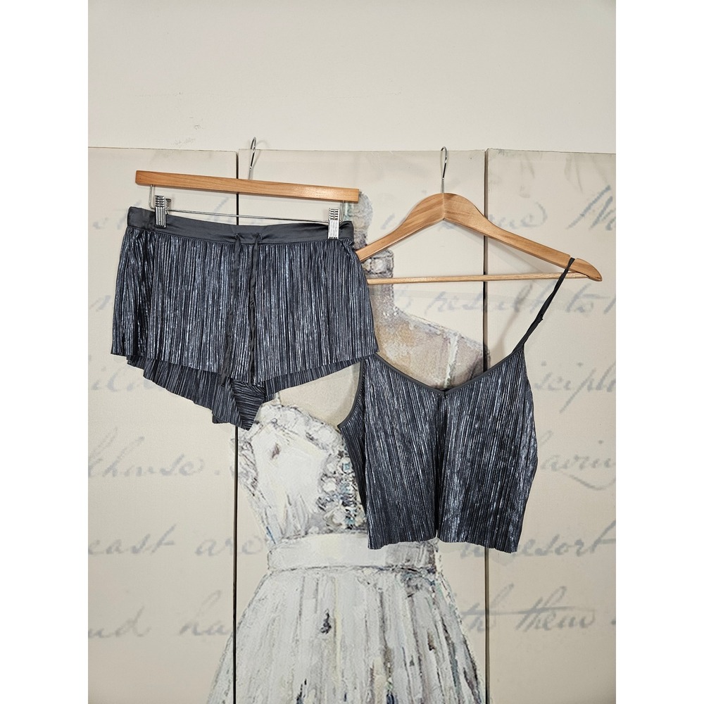 Victoria's Secret Metallic Silver Pleated Pajama Set Cami and Shorts Small